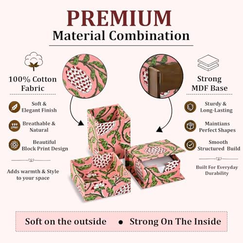 Ridhi Strawberry Pink Block Print Office Desk Organizer Pen & Note Holder - Image 3