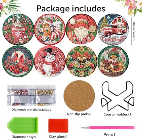 8 Pcs Christmas Diamond Art Painting Coasters Kits,Winter Snowman Coaster with Holder for Adults, Non-Slip DIY Dot Paint Craft Kits,5D Full Drill DIY Diamond Dot Gem Art Kit Home Decor Arts Craft - Image 4