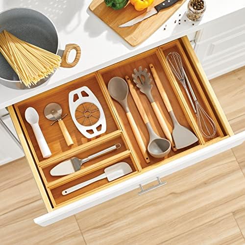 mDesign Slim Wooden Bamboo Drawer Organizer for Office - 12" Long Stackable Storage Box Tray for Desk Drawers/Cabinet - Junk Drawer and Accessories Organization - Echo Collection, 2 Pack, Natural Wood - Image 3