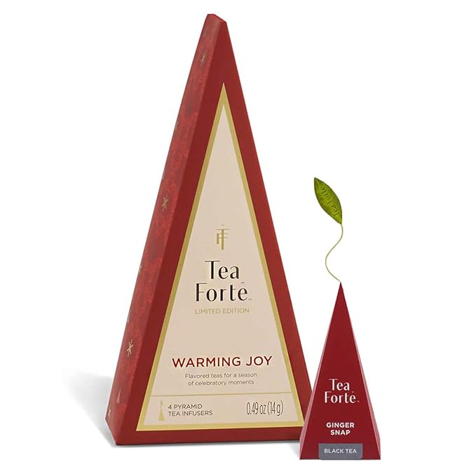 Tea Forte Warming Joy Holiday Premium Assorted Petite Tea Tree Gift Set Sampler of 4 Individually Wrapped Handcrafted Pyramid Infuser Tea Bags, 1 of each Blend