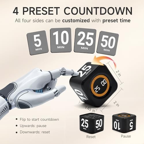 Rotating Productivity Timer, 5, 25, 10, 50 Minute Presets, Desk Cube - Image 2