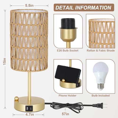 Gold Bedside Lamps Set of 2, Touch Control Night Stand Lamp for Bedroom with Rattan & Linen Shade & Bulbs, 3 Way Dimmable Small Boho Table Lamps with USB Charging Port & Phone Stand - Image 2