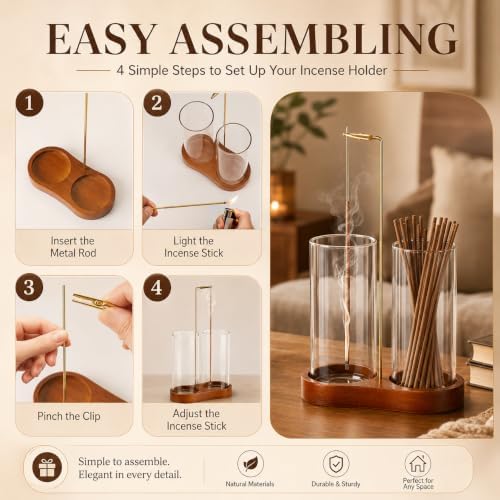Incense Holder with 2 Tall Glass Bottle,Wooden Base Incense Stick Holder for Desktop,Incense Burner for Ash Collection,Ash Container for Meditation, Yoga, Spa, Home Decor - Image 4