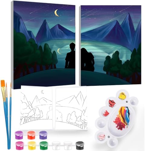2Pcs Sip and Paint Kit for Adults,Valentines Couple Painting Kit Supplies Canvas, Pre Drawn Canvas to Paint for Date Night for Couples DIY Acrylic Painting Kits Party Favor 8×10 by iPaint