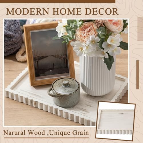 Lounsweer Wood Decorative Tray for Home Decor, 14'' x 10'' Wooden Serving Tray for Coffee Table Centerpiece Dining Kitchen Island Decoration Bathroom Counter Display (White Color,Pine) - Image 3