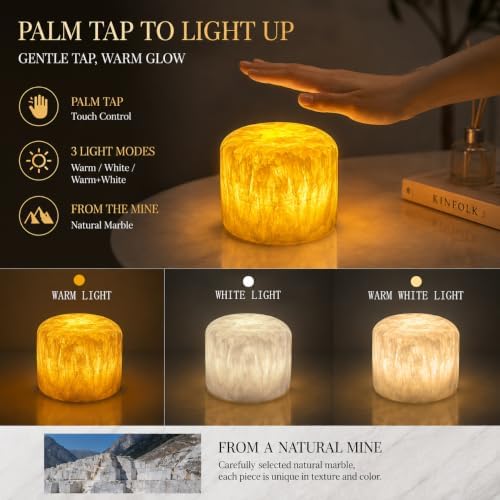 Marmor Marble Lamp Night Light Pat Lamp Touch Bedside Table Lamp for Bedroom Type-C Rechargeable Small Desk Bedside Small Lamps Eye Caring Dimmable LED Ambient Lamp （Golden Jade） - Image 3