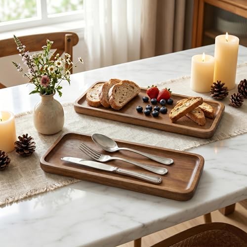 TJ POP Acacia Wooden Tray - 11.4” x 4.1” Rectangular Decorative Tray for Counter, Solid Wood Serving Tray for Coffee Table, Snacks & Drinks, Rustic Serving Platter for Party, Holiday & Everyday Use - Image 6