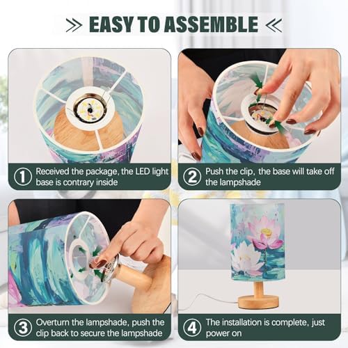 Art Painting Lotus Flowers and Leafs Bedside Table Lamps with USB Port for Bedroom Lamp Table Lamp Small Nightstand Lamp Linen Shade Wooden Base Decorative Lamps for Home Dorm Office Living Room - Image 6