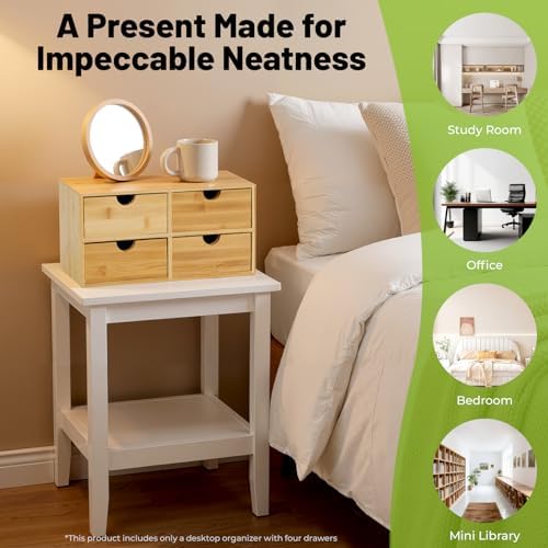 Bamboo Desk Organizer Small Retro Bamboo Tabletop Storage Box with Drawers& Recess Handles for Office Home Supplies Table Storage Collector 13 * 7.5 * 6in (4 Drawers) - Image 5