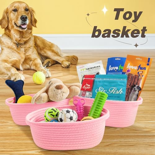 Pro Goleem Small Woven Basket with Gift Bags and Ribbons Durable Baskets for Gifts Empty Small Rope Basket for Storage 12"X 8" X 5" Baby Toy Basket with Handles, Pink - Image 7