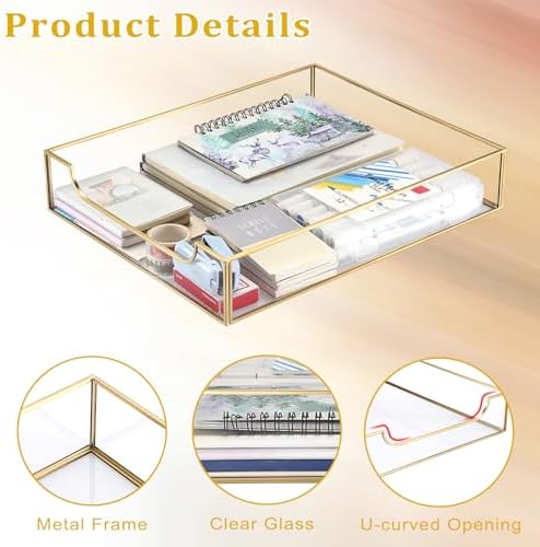 BTSKY 2 Pack Golden Glass Desk Tray, Multi-Purpose Organizer for A4 Paper, Documents, Desk Supplies, Makeup, Clear File Tray with Metal Frame, Stackable Decorative Storage for Home Office Vanity - Image 5