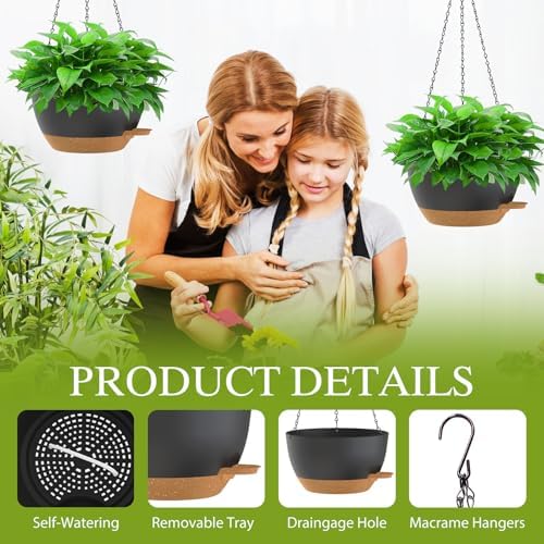 12 Inch Hanging Baskets 2 PC with Chains, Self-Watering Hanging Planters for Indoor Outdoor Plants, Plastic Hanging Flower Pots,Black Brown - Image 3