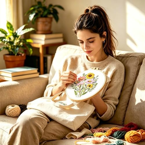 Vigdit Canvas Tote Bag Embroidery Kit for Beginners, Needlepoint Cross Stitch Kit for Adult Beginner, DIY Reusable Grocery Bags Embroidery Starter Kit with Stamped Floral Tools & Instructions - Image 3