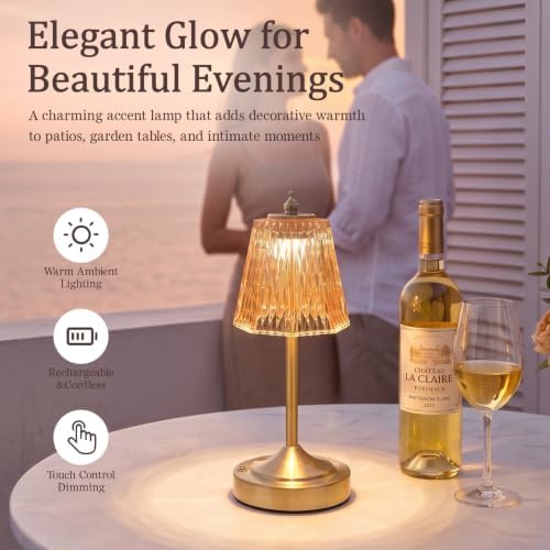 Cordless Table Lamp, Rechargeable Gold Faceted Glass Touch Lamp - Image 2