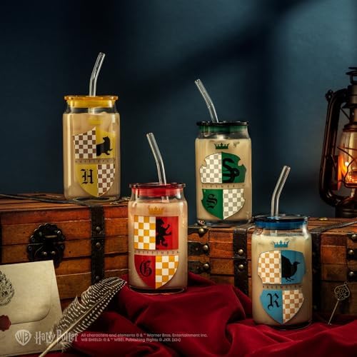 JoyJolt Harry Potter House Crests Glass Tumblers with Lids and Straws, 16oz Glass Cups with Lids and Straws, Can Shaped Drinking Glasses Set of 4, Hogwarts Cup, Harry Potter Merchandise - Image 6