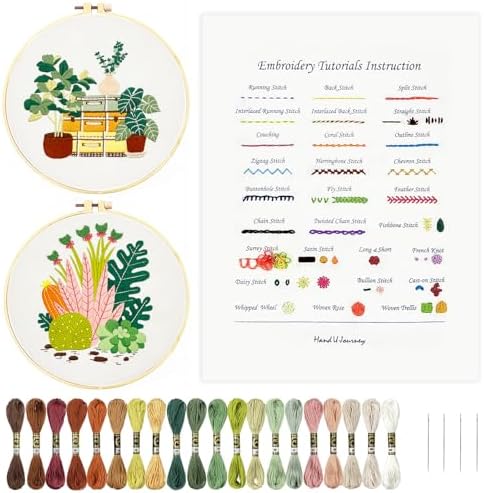 HAND U JOURNEY Embroidery Stitch Kit, 28 Stitches, 2 Plant & Home Themes by HANDUJOURNEY