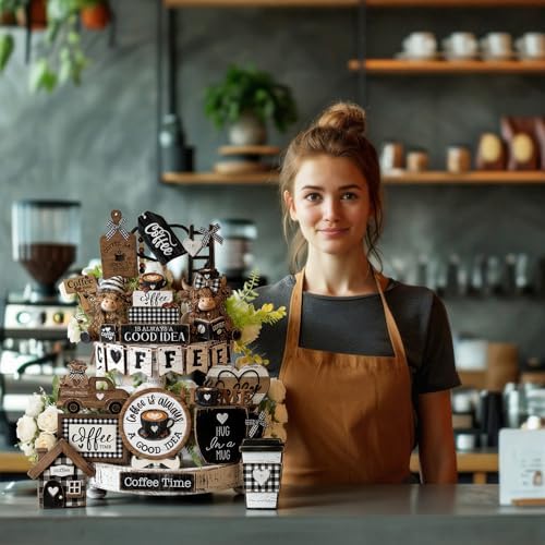 Mifoci 17 Pcs Coffee Tiered Tray Decor Farmhouse Wooden Bar Signs - Image 5