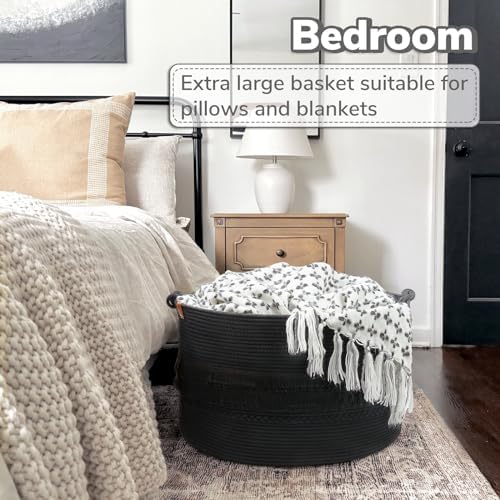 CherryNow 90L Large Woven Rope Blanket Basket with Tassel, 22" x 14", Black - Image 3