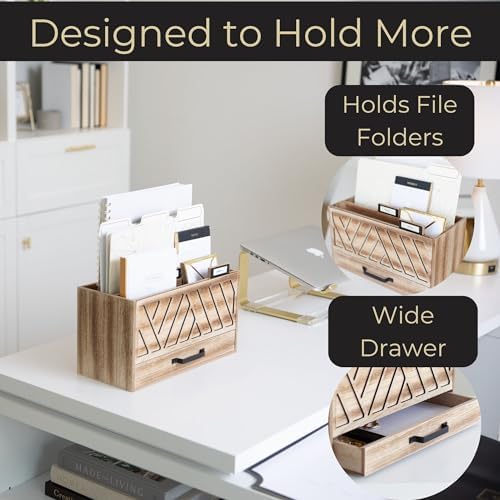 BLU MONACO | Natural Wood Desktop Mail Organizer with Drawer | Three-Tier Mail Sorter with Black Label Holders | Countertop Mail Holder & Document Storage for Home or Office - Image 4