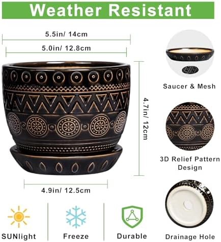 G EPGardening 5.5 Inch Ceramic Planter - Ceramic Plant Pot for Indoor Outdoor Plants, Boho Round Flower Pot with Drainage Hole and Saucer, Gifts for Plant Lovers, Office Garden Home Decor, Black - Image 3