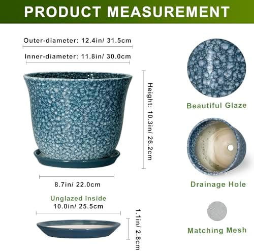 Ceramic Plant Pots - 12 Inch Pots for Plants Indoor Outdoor, Large Round Planter with Drainage Hole and Saucer, Modern Decorative Planters, Garden House Decor, House Warming Gifts, Blue - Image 2