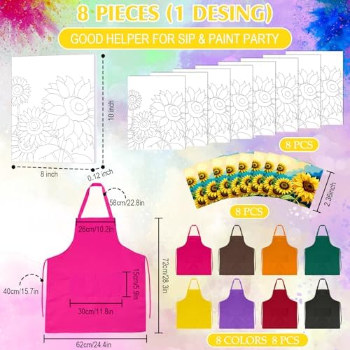 Cholemy 8 Set Paint and Sip Kit for Adults 8'' x 10'' Pre Drawn Canvas with Wooden Easels Acrylic Paint Brushes Wash Cup Palette Apron for Painting DIY Date Night Party Supplies(Sunflower) - Image 3