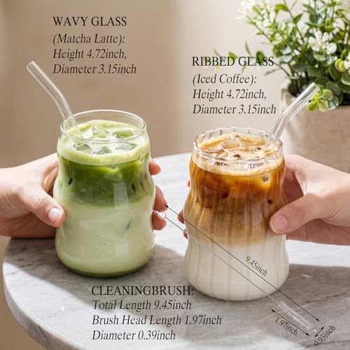 8 Pcs Ribbed Glass Cups 18 oz Vintage Aesthetic Iced Coffee Glasses with Glass Straws Bubble Cup Wavy Textured Drinking Glassware for Beverage Tea Juice Cocktails - Image 2