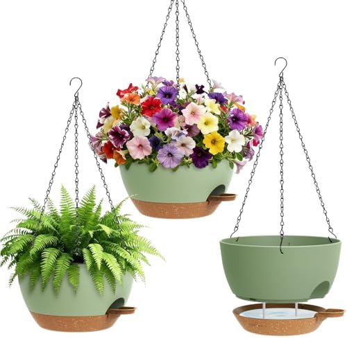 UOUZ Set of 3-10 Inch Self Watering Hanging Planters for Indoor & Outdoor，Hanging Plant Pots with Drainage & Removable Tray, Hanging Pots Holder for Ivy, Ferns, Balcony & Patio, Green and Brown by UOUZ