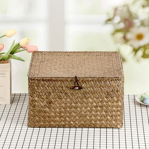Hipiwe Seagrass Wicker Storage Basket Box with Lid, XX-Large 13"x13"x7.1" - Image 6