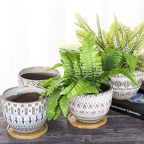 VanEnjoy 5.5 inch Large Round Bohemian Style Ceramic Planter, Geometry Engrave Off White Brown Succulent Planter Flower Pot, Indoor Outdoor Decorative Planter - Image 7