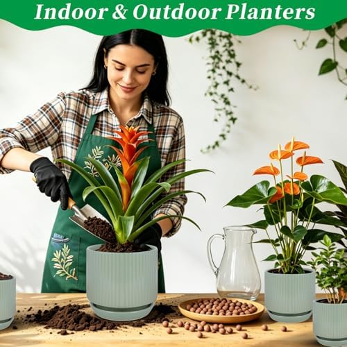 Ceramic-5-inch-Flower-Pots-with-Saucer, Small Planters for Indoor Plants with Drainage Hole, White Textured Vertical Stripe Plant Pots for Home Decor, Garden Pot For Succulent Cactus Mint Basil Herb - Image 4