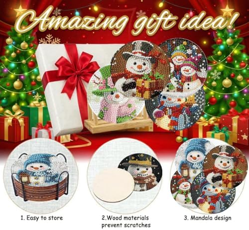 YESUAOOE 8 Pcs Snowman Diamond Art Coasters Kit - DIY 5D Christmas Diamond Painting Coasters with Holder, Mini Diamonds Arts Kits for Adults Coaster, Small Gem Art Arts and Crafts for Adults - Image 4