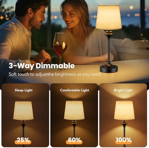 NIORSUN Portables Cordless Table Lamp,Flaxen Fabric Shade Battery Operated Lamp,5200mAh Bedside Table Lamp with Warm White,3 Way Dimmable Touch Desk Lamp for Bedroom Living Room Restaurant (Black) - Image 3