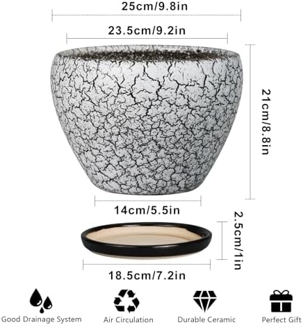 Ceramicfor Ceramic Planters for Indoor Plants - 10 Inch Plant Pot with Drainage Hole and Saucer, Large Flower Pot for Home Decor, White/Black - Image 3