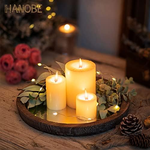 Hanobe Round Wood Decorative Tray: Rustic Wooden Tray for Coffee Table Farmhouse Centerpiece Mirror Candle Holder Vintage Mirrored Bar Plate Ottoman Topper for Home Decor Bathroom Kitchen - Image 3