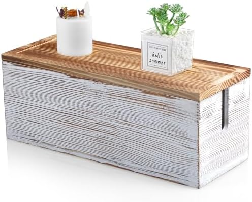 Large Cable Management Box, White Washed Wood Cord Organizer Box for Desk, Floor, Office to Hide Extension Cords Power Stripes Surge Protectors Chargers Wires by Bivvclaz