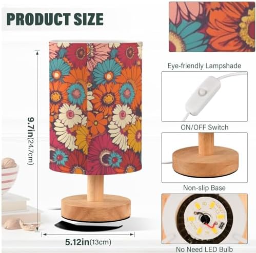 Hippie Daisy Flowers Colorful Red Floral Bedside Table Lamps with USB Port for Bedroom Lamp Accent Table Lamp Small Nightstand Lamp Sturdy Linen Shade Wooden Decorative Lamps for Office Dorm Home - Image 4