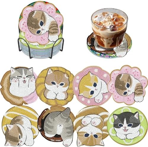 TCDZMYGS 8 Pcs Cute Cat Diamond Art Painting Coasters Kits, Cat Coaster with Holder for Adults, Non-Slip DIY Dot Paint Craft Kits, 5D Full Drill DIY Diamond Dot Gem Art Kit Home Decor Arts Craft by TCDZMYGS