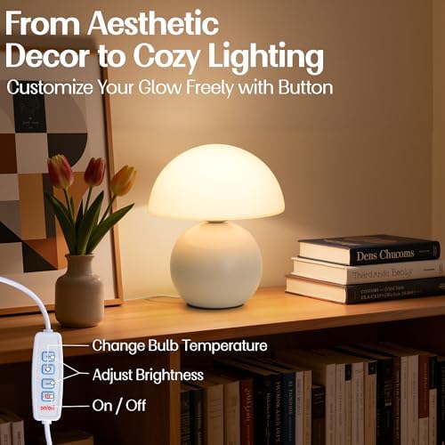 Cute Small Mushroom Lamp Decor,USB-Plug in Bedside Table Lamps with 3-Temperature LED Bulb Dimmable,Modern Aesthetic Home Decor for Livingroom/Bedroom/Dorm/Nursery (White with Plug) - Image 3