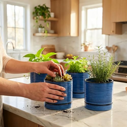 HASENSE Ceramic Indoor Plant Pots, 4.6 Inch Small Flower Planters with Drainage Hole and Saucer, Vintage Reactive Glaze Blue Pots for Succulents, Cactus, Herbs, Home Decor, Set of 4 - Image 5