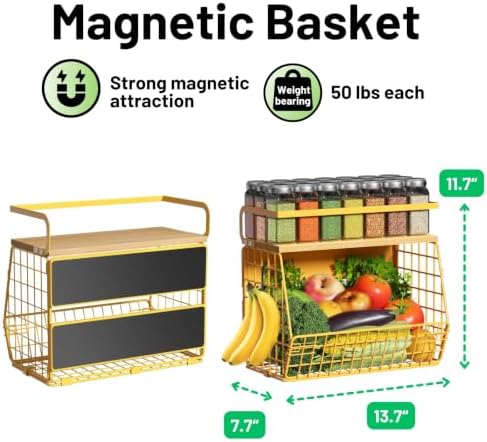 Magnetic Shelf for Fridge with Wood Lid, Fruit Potato and Onion Storage Bins, Pantry Organizers & Storage, Large Container Magnetic Spice Rack for Refrigerator, Kitchen Counter, Cabinet (Yellow, 1) - Image 5