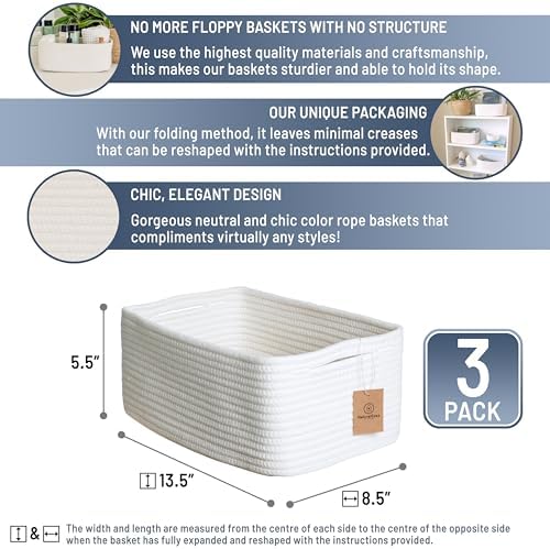 NaturalCozy 13.5”x8.5”x5.5” Storage Baskets for Shelves 3 Pack | Cotton Rope Woven Small Baskets for Organizing | Small Storage Bins for Nursery, Bathroom, Closet, Cube Shelf, Decorative, Gift - Image 2