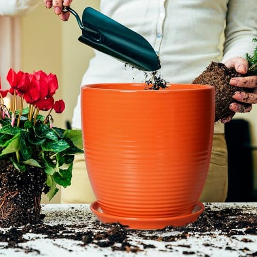 12 Inch Plant Pot, Ceramic Planters for Plants with Drainage and Saucer, Orange - Image 4