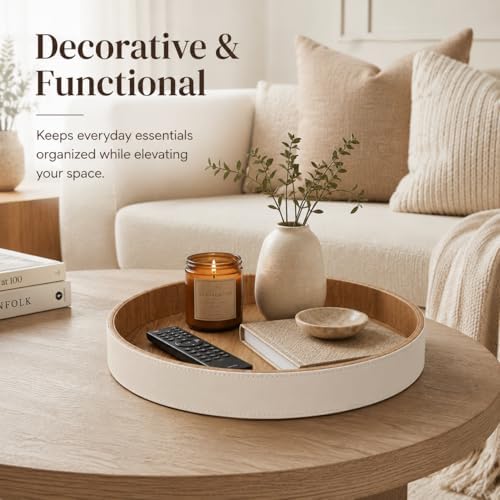 GORESE Round Coffee Table Tray, 12 in PU Leather Tray for Home Decor, Cream White & Wooden - Image 2