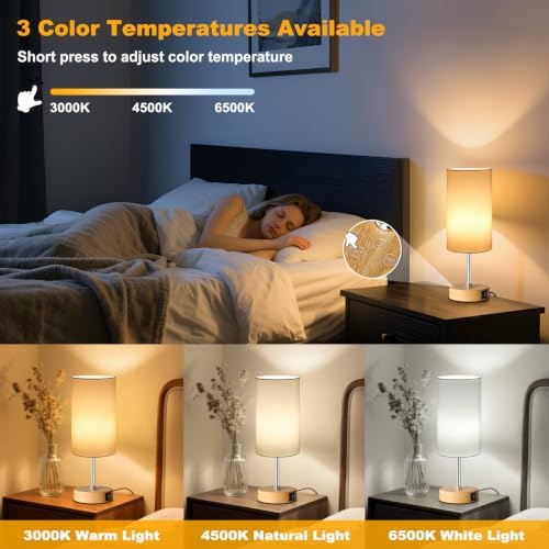 Unicozin Table Lamp with Wood Grain Base, 3 CCT 3000K/4500K/6500K & RGB Color Changing, Stepless Dimmable Small Bedside Lamp for Reading, Ambience Nightstand Light for Home Decor Party, White Shade - Image 2