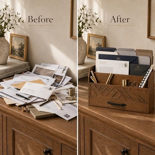 BLU MONACO | Wooden Mail Organizer with Drawer and Compartments | Mail Sorter Organizer Countertop for Desk Entryway | Outgoing Mail Holder Wood Desktop File Storage - Image 5