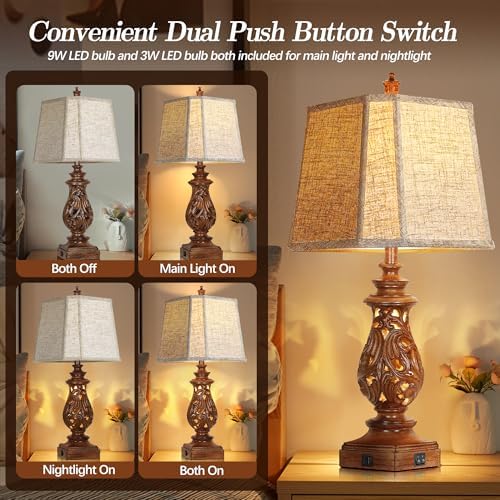 PARTPHONER 29" Table Lamps Set of 2, Bedside Lamps with USB A+C Ports & Night Light, Farmhouse Nightstand Lamps with Linen Fabric Shades for Bedroom Living Room, Wood Grain (LED Bulbs Included) - Image 3