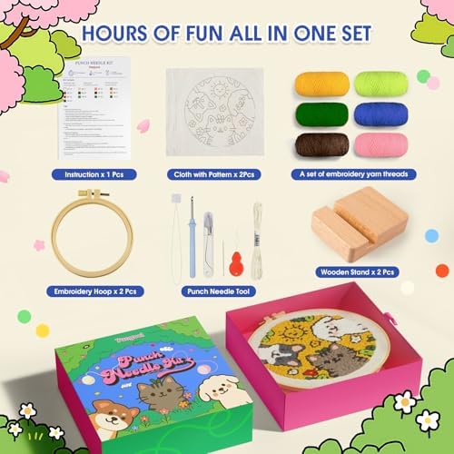 yuegool 2PCS Punch Needle Decoration Kit,Easy DIY Punch Needle Embroidery Kit for Beginners Adults Including Patterns, Tools, Yarns, Hoop, Instruction, Bracket Art Craft Supplies - Image 2