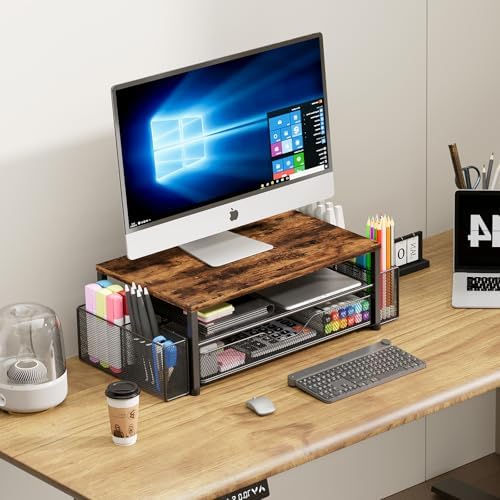 OPNICE Desk Organizer and Accessories, 2-Tier Computer Monitor Stand Riser with Drawer and 2 Pen Holders, Laptop Stand, Office Desk Accessories for Office Supplies, Brown - Image 5