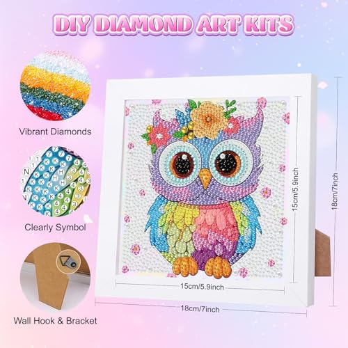 GHHKUD Owl Diamond Art Painting Kits for Adults with Frame, Diamond Art Animals Crafts for Ages 4-6-8-12, Easy to DIY Gem Painting Gifts Home Wall Deco 15x15cm (Beautiful Packages) - Image 2